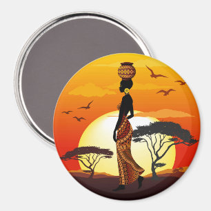 Afrikaanse mooie vrouw silhouet op Afrikaanse zonn Magneet