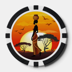 Afrikaanse mooie vrouw silhouet op Afrikaanse zonn Poker Chips