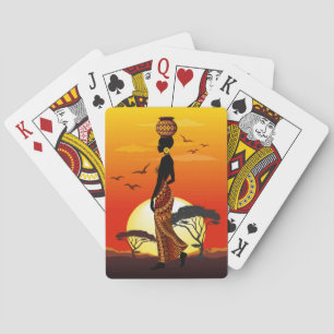 Afrikaanse mooie vrouw silhouet op Afrikaanse zonn Pokerkaarten