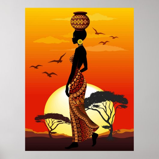 Afrikaanse mooie vrouw silhouet op Afrikaanse zonn Poster (Voorkant)