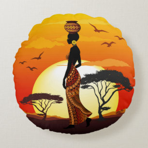 Afrikaanse mooie vrouw silhouet op Afrikaanse zonn Rond Kussen
