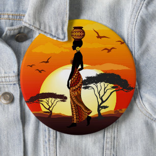 Afrikaanse mooie vrouw silhouet op Afrikaanse zonn Ronde Button 6,0 Cm