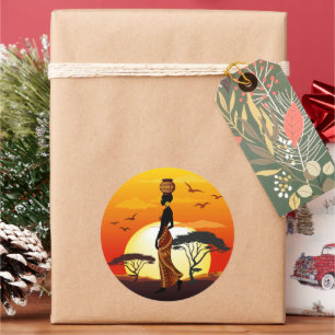 Afrikaanse mooie vrouw silhouet op Afrikaanse zonn Ronde Sticker