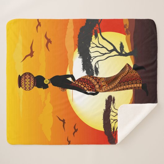 Afrikaanse mooie vrouw silhouet op Afrikaanse zonn Sherpa Deken (Voorkant (horizontaal))