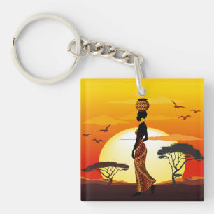 Afrikaanse mooie vrouw silhouet op Afrikaanse zonn Sleutelhanger