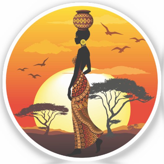 Afrikaanse mooie vrouw silhouet op Afrikaanse zonn Sticker (Voorkant)