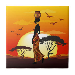 Afrikaanse mooie vrouw silhouet op Afrikaanse zonn Tegeltje