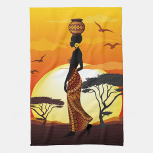 Afrikaanse mooie vrouw silhouet op Afrikaanse zonn Theedoek