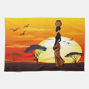 Afrikaanse mooie vrouw silhouet op Afrikaanse zonn Theedoek
