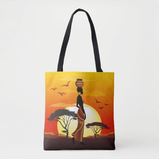 Afrikaanse mooie vrouw silhouet op Afrikaanse zonn Tote Bag (Voorkant)
