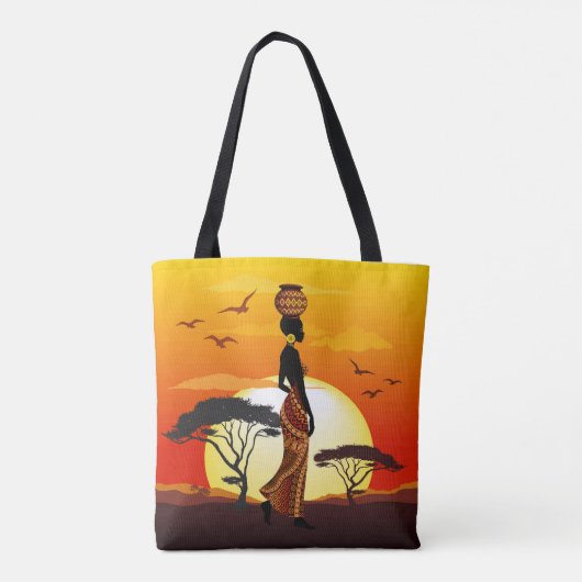 Afrikaanse mooie vrouw silhouet op Afrikaanse zonn Tote Bag (Achterkant)