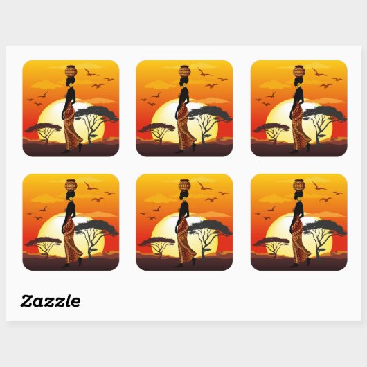 Afrikaanse mooie vrouw silhouet op Afrikaanse zonn Vierkante Sticker (Vel)