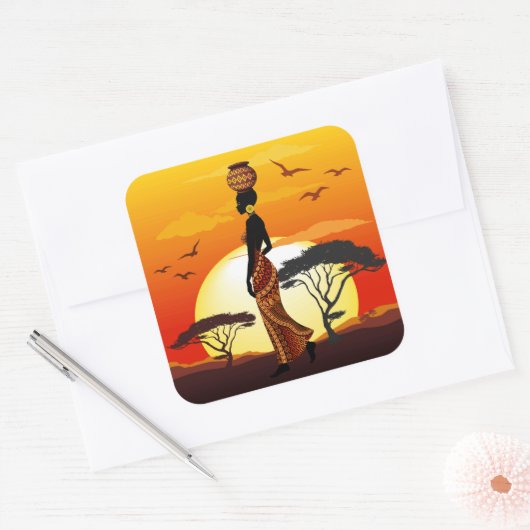 Afrikaanse mooie vrouw silhouet op Afrikaanse zonn Vierkante Sticker (Envelop)