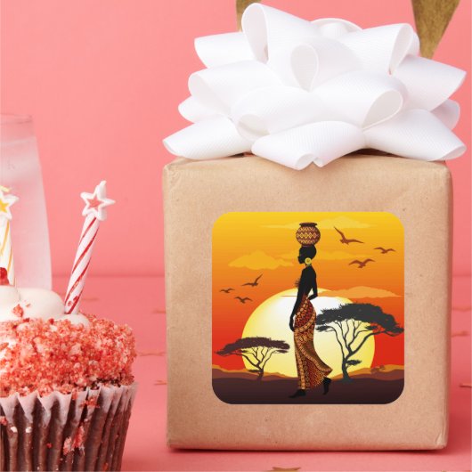Afrikaanse mooie vrouw silhouet op Afrikaanse zonn Vierkante Sticker (Feest)