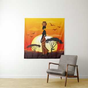 Afrikaanse mooie vrouw silhouet op Afrikaanse zonn Wandkleed