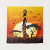 Afrikaanse mooie vrouw silhouet op Afrikaanse zonn Wandkleed (Voorkant)