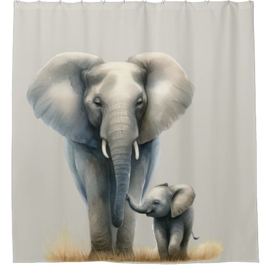Afrikaanse olifant en Baby in Waterverf Douchegordijn (Voorkant)