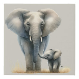 Afrikaanse olifant en Baby in Waterverf Imitatie Canvas Print