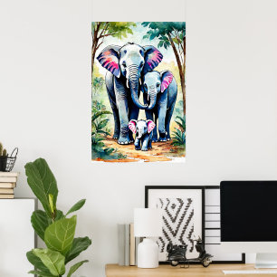 Afrikaanse olifant familie kunst, kleurrijke wilde poster