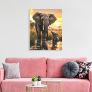 Afrikaanse olifant met haar Baby kalf Canvas Afdruk