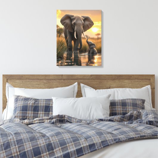 Afrikaanse olifant met haar Baby kalf Canvas Afdruk (Insitu (Slaapkamer))