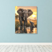 Afrikaanse olifant met haar Baby kalf Canvas Afdruk (Insitu (Houten vloer))