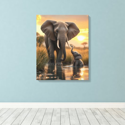 Afrikaanse olifant met haar Baby kalf Canvas Afdruk (Insitu (Houten vloer))