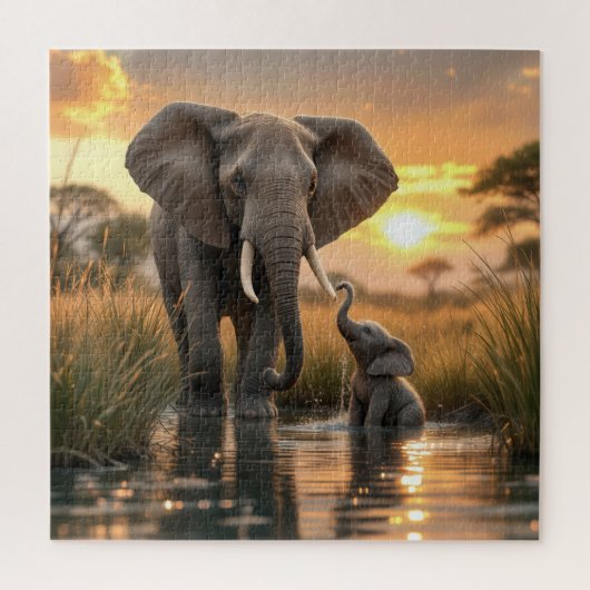 Afrikaanse olifant met haar Baby kalf Legpuzzel (Verticaal)