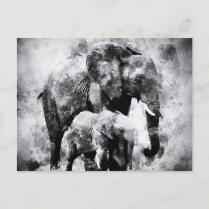 Afrikaanse olifant met kalf zwart en wit briefkaart