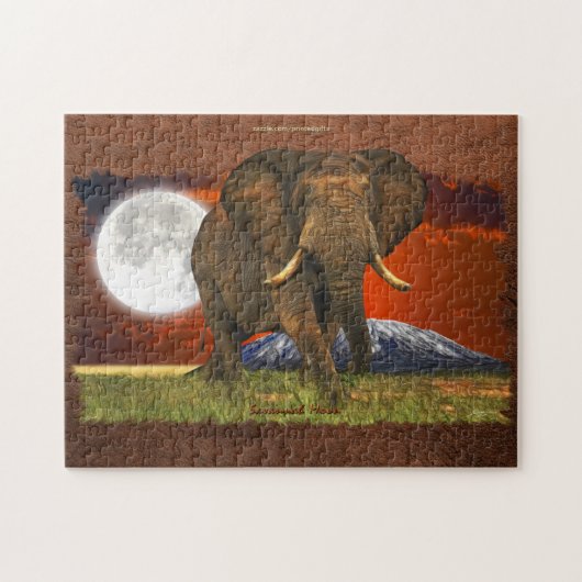 Afrikaanse olifant met moon en Mt Kilimanjaro Puzz Legpuzzel (Horizontaal)