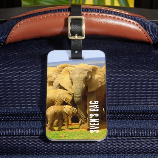 Afrikaanse olifant moeder en kalf bagagelabel (Voorkant Insitu 2)