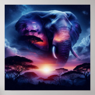 Afrikaanse Olifant Silhouet Zonsondergang Safari W Poster