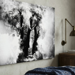 Afrikaanse Olifant Zwart en Wit Aquarel Canvas Afdruk