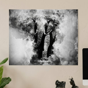 Afrikaanse Olifant Zwart en Wit Aquarel Poster
