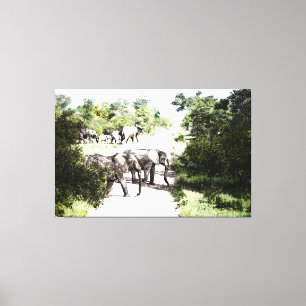 Afrikaanse olifanten over de weg canvas afdruk