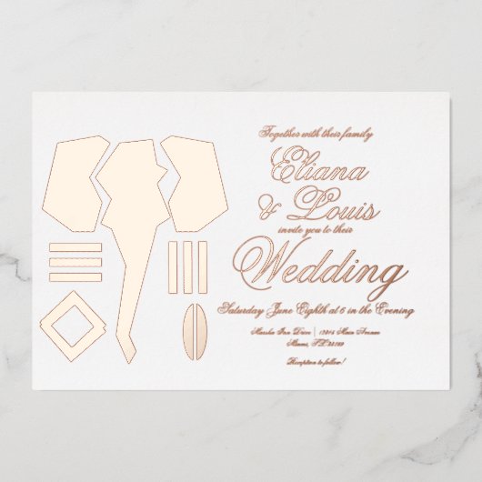 Afrikaanse olifantenmarkeringsweddenschap geperst folie uitnodiging (Voorkant)