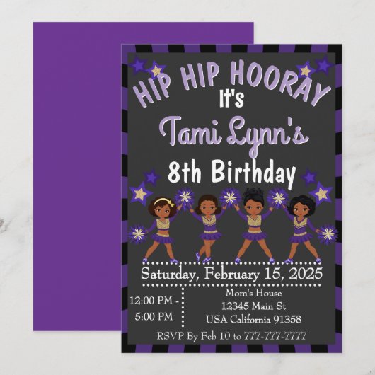 Afrikaanse Paarse Cheerleader Turnen Uitnodiging (Voorkant / Achterkant)