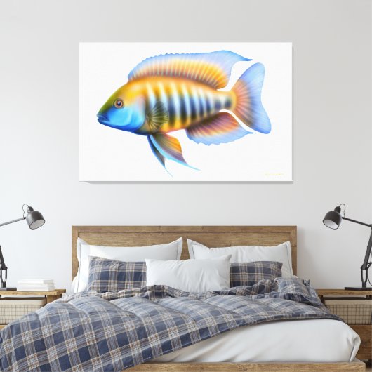 Afrikaanse Peacock Cichlid Fish Wrapped Canvas Afdruk (Insitu (Slaapkamer))