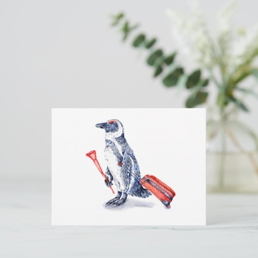 Afrikaanse pinguïn met een gitcase briefkaart (Staand voorkant)