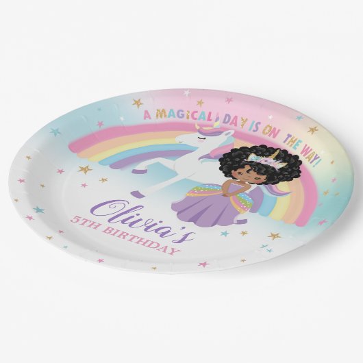 Afrikaanse prinses en eenhoorn verjaardagsfeest re papieren bordje (Gekanteld)