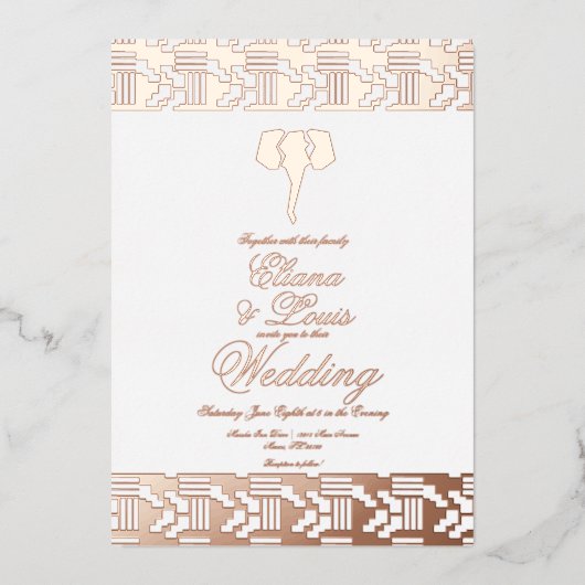 Afrikaanse Roos Gold Elephant Weddenschap geperst Folie Uitnodiging (Voorkant)