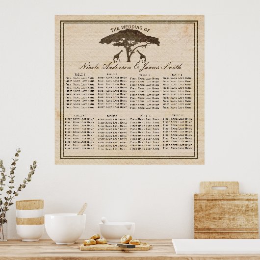 Afrikaanse Safari-Giraffes en Buurbruiloft-zitplaa Poster (Keuken)