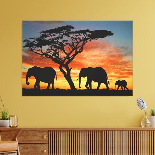 Afrikaanse Safari Sunset Elephant Silhouette Art Canvas Afdruk (Insitu (Woonkamer))