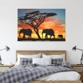 Afrikaanse Safari Sunset Elephant Silhouette Art Canvas Afdruk (Insitu (Slaapkamer))