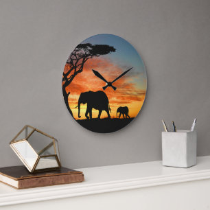 Afrikaanse Safari Sunset Elephant Silhouette Art Grote Klok