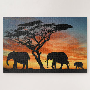Afrikaanse Safari Sunset Elephant Silhouette Art Legpuzzel