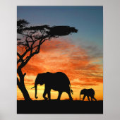 Afrikaanse Safari Sunset Elephant Silhouette Art Poster (Voorkant)