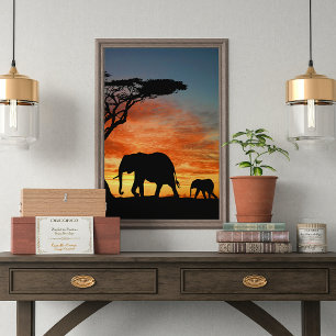 Afrikaanse Safari Sunset Elephant Silhouette Art Poster
