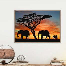 Afrikaanse Safari Sunset Elephant Silhouette Art Poster