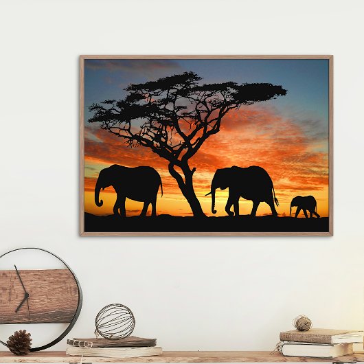 Afrikaanse Safari Sunset Elephant Silhouette Art Poster